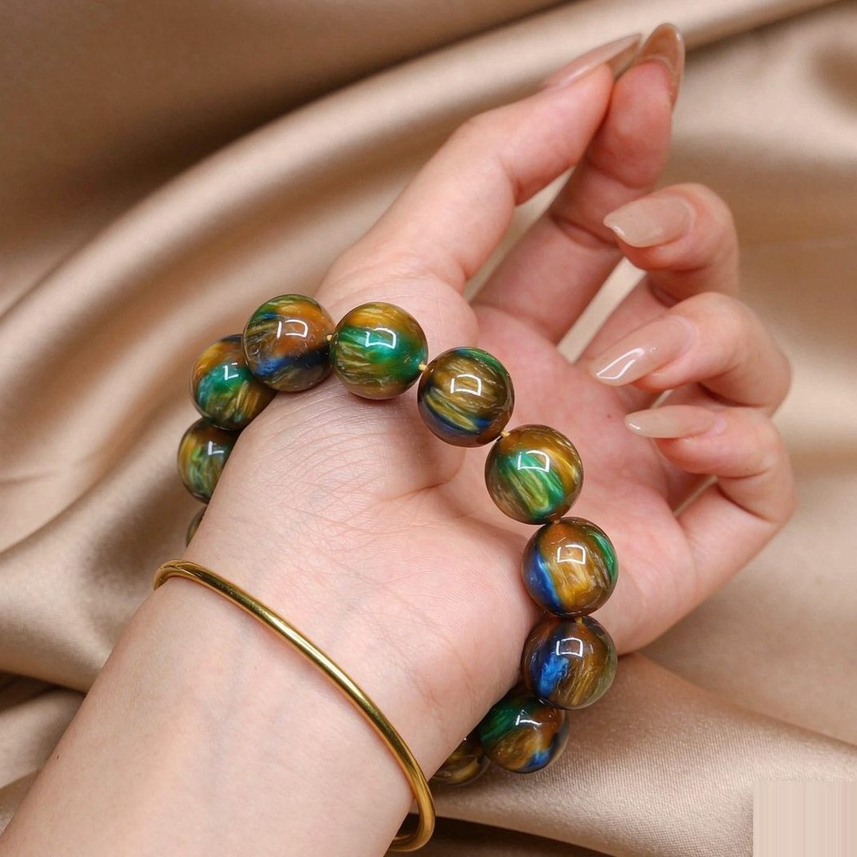 BEADORO Aurora 20 mm resin beaded bracelet worn on a wrist