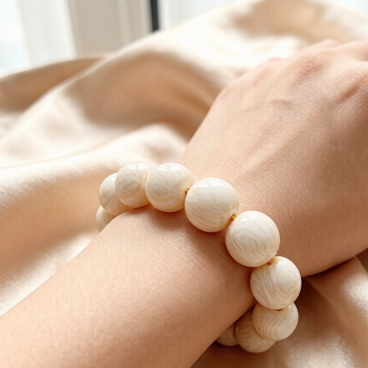 BEADORO Ivory 20 mm resin beaded bracelet - worn on a wrist